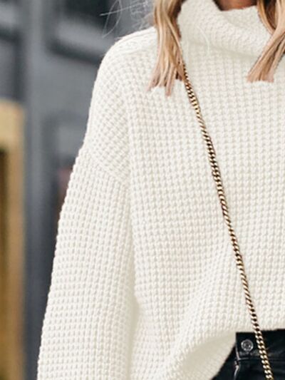 Waffle-Knit Turtleneck Round Neck Sweater