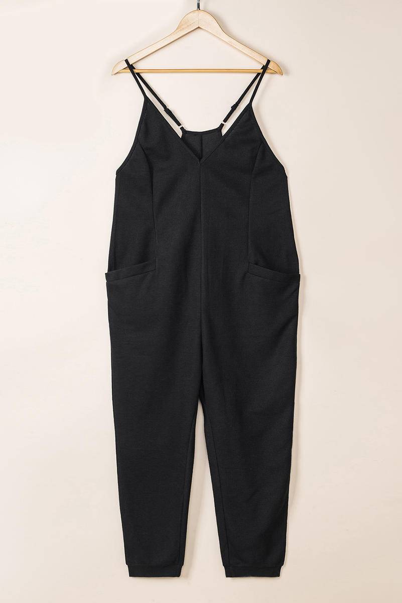 Textured Sleeveless V-Neck Pocketed Jumpsuit