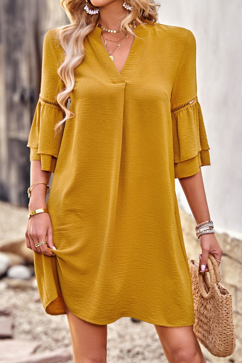 Notched Neck Flare Sleeve Pocket Dress