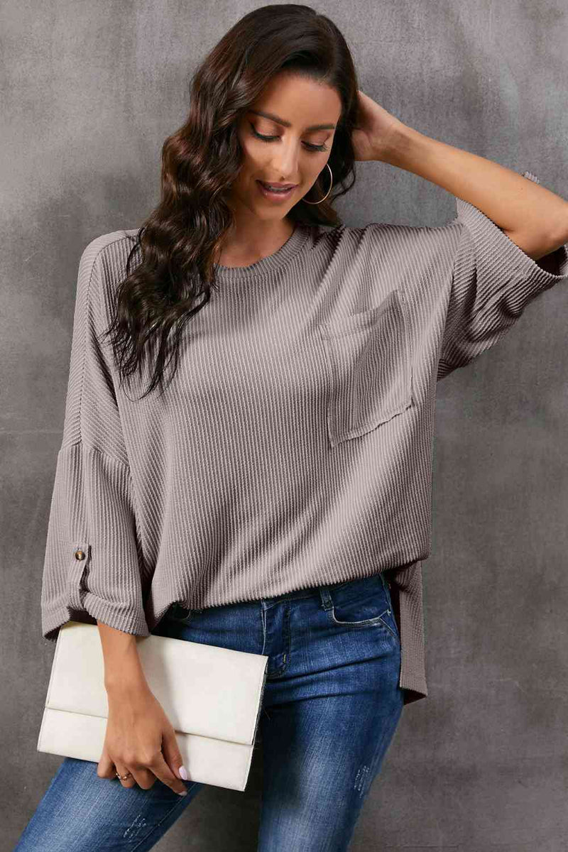 Round Neck Slit Roll-Tab Sleeve Oversize Top