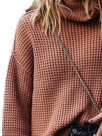 Waffle-Knit Turtleneck Round Neck Sweater