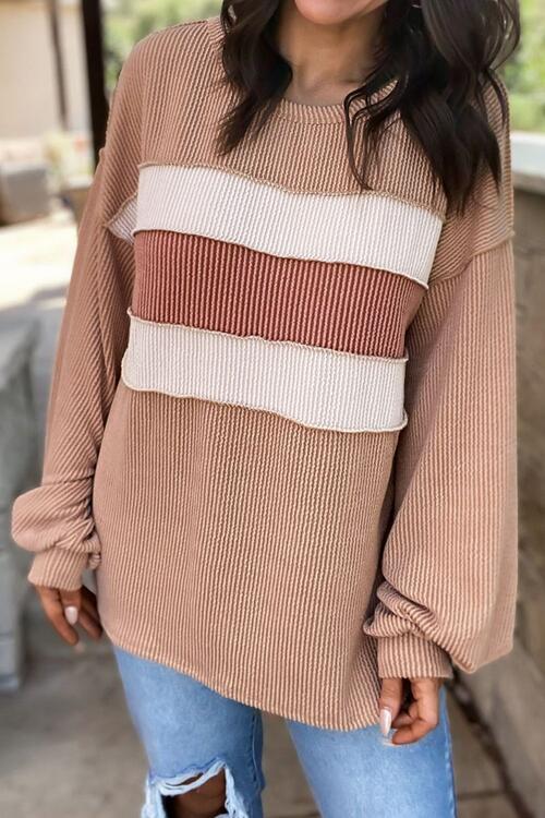 Ribbed Color Block Exposed Seam Round Neck Blouse