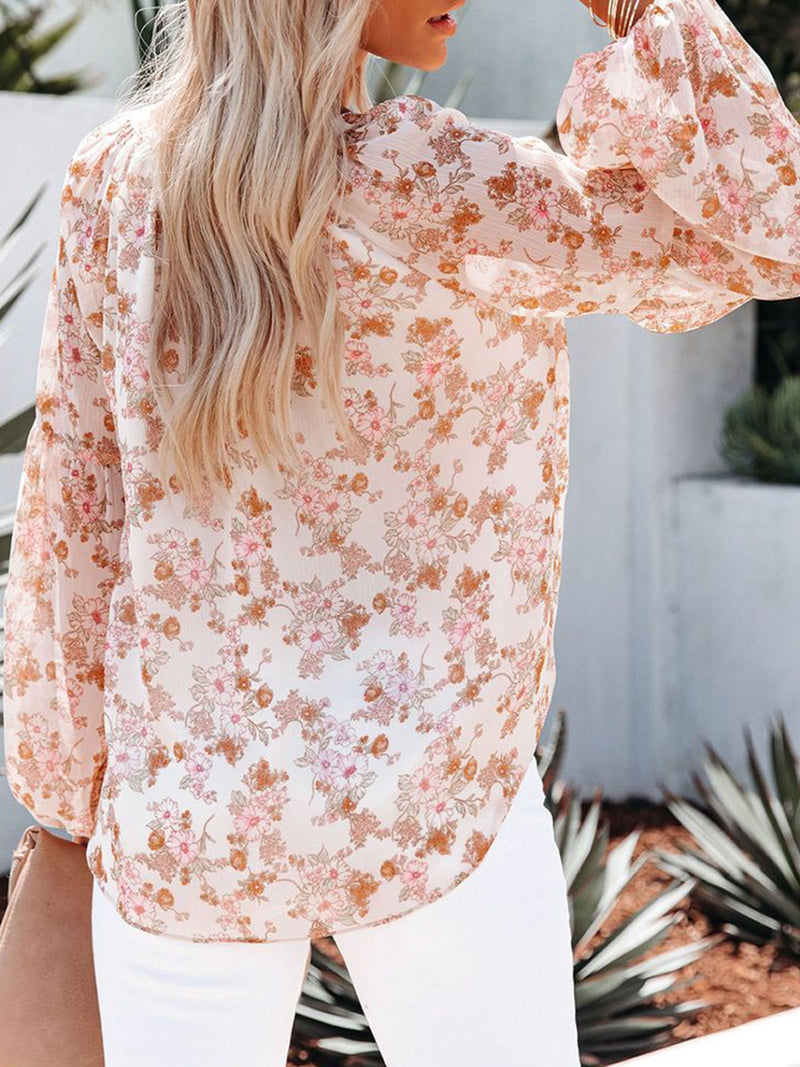 Floral Notched Balloon Sleeve Blouse