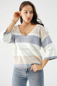 Color Block V-Neck Dropped Shoulder Sweater