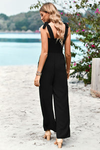 Frill Trim Tie Shoulder Wide Leg Jumpsuit with Pockets