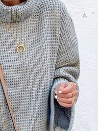 Waffle-Knit Turtleneck Round Neck Sweater