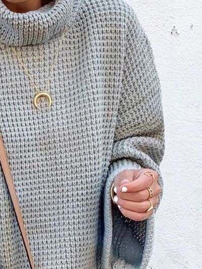 Waffle-Knit Turtleneck Round Neck Sweater