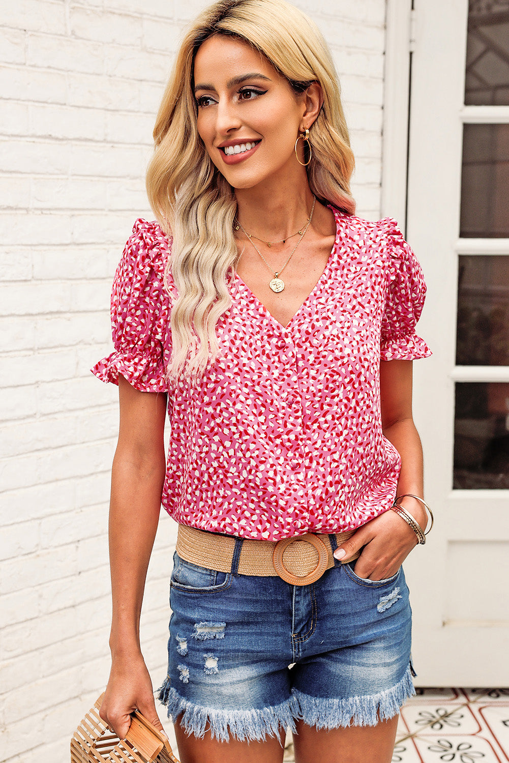 Printed Flounce Sleeve Plunge Blouse