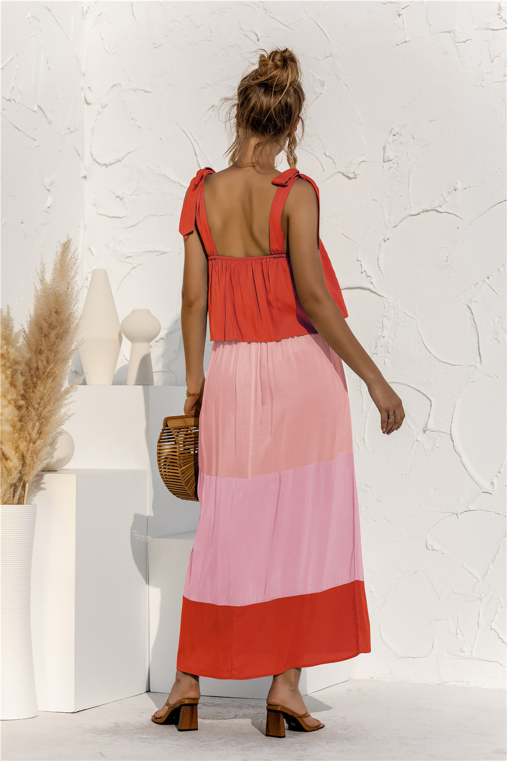 Color Block Tie Shoulder Tiered Sleeveless Dress