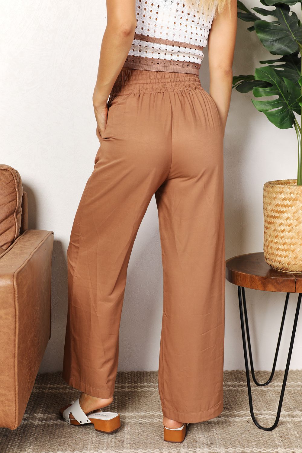 Double Take Drawstring Smocked Waist Wide Leg Pants – Blue