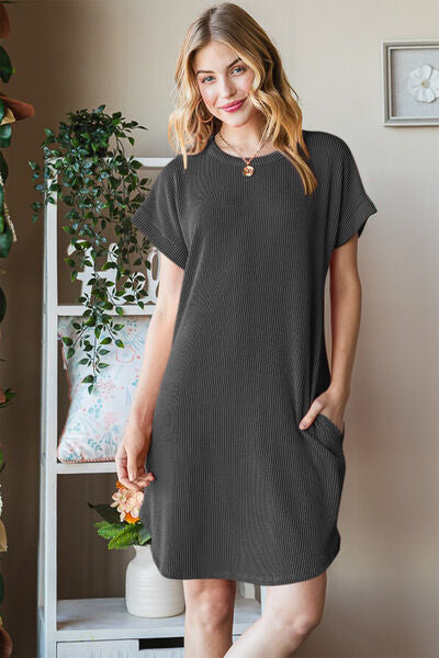 Heimish Full Size Ribbed Round Neck Short Sleeve Tee Dress