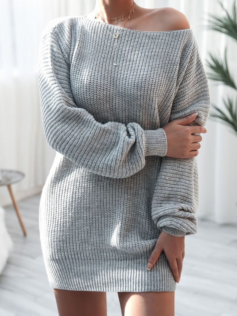 Rib-Knit Balloon Sleeve Boat Neck Sweater Dress