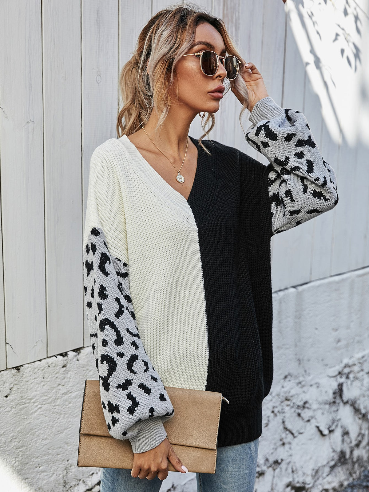 Leopard Color Block V-Neck Tunic Pullover Sweater