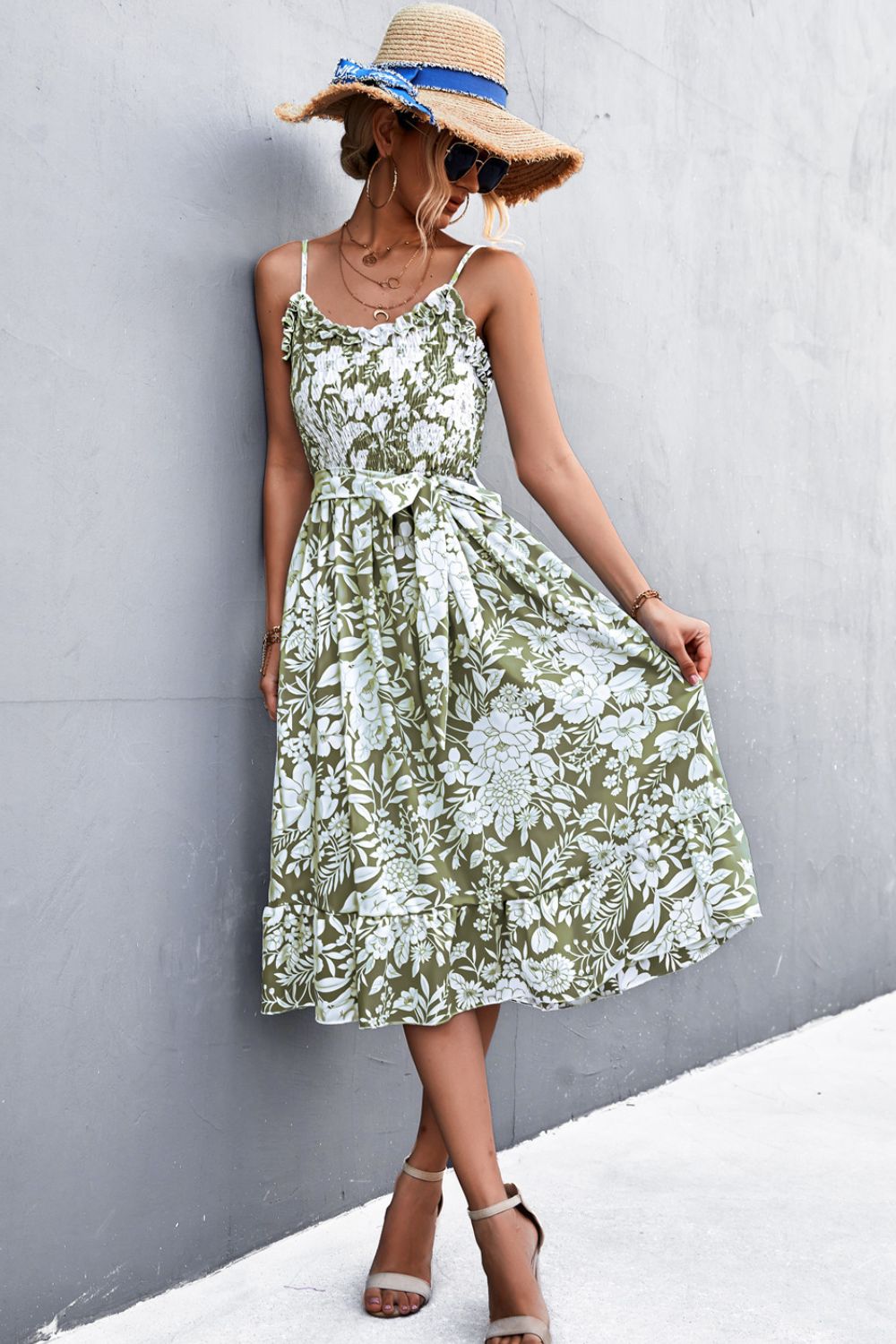 Floral Frill Trim Scoop Neck Spaghetti Strap Dress Matcha Green / XL Floral Frill Trim Scoop Neck Spaghetti Strap Dress Matcha Green / XL