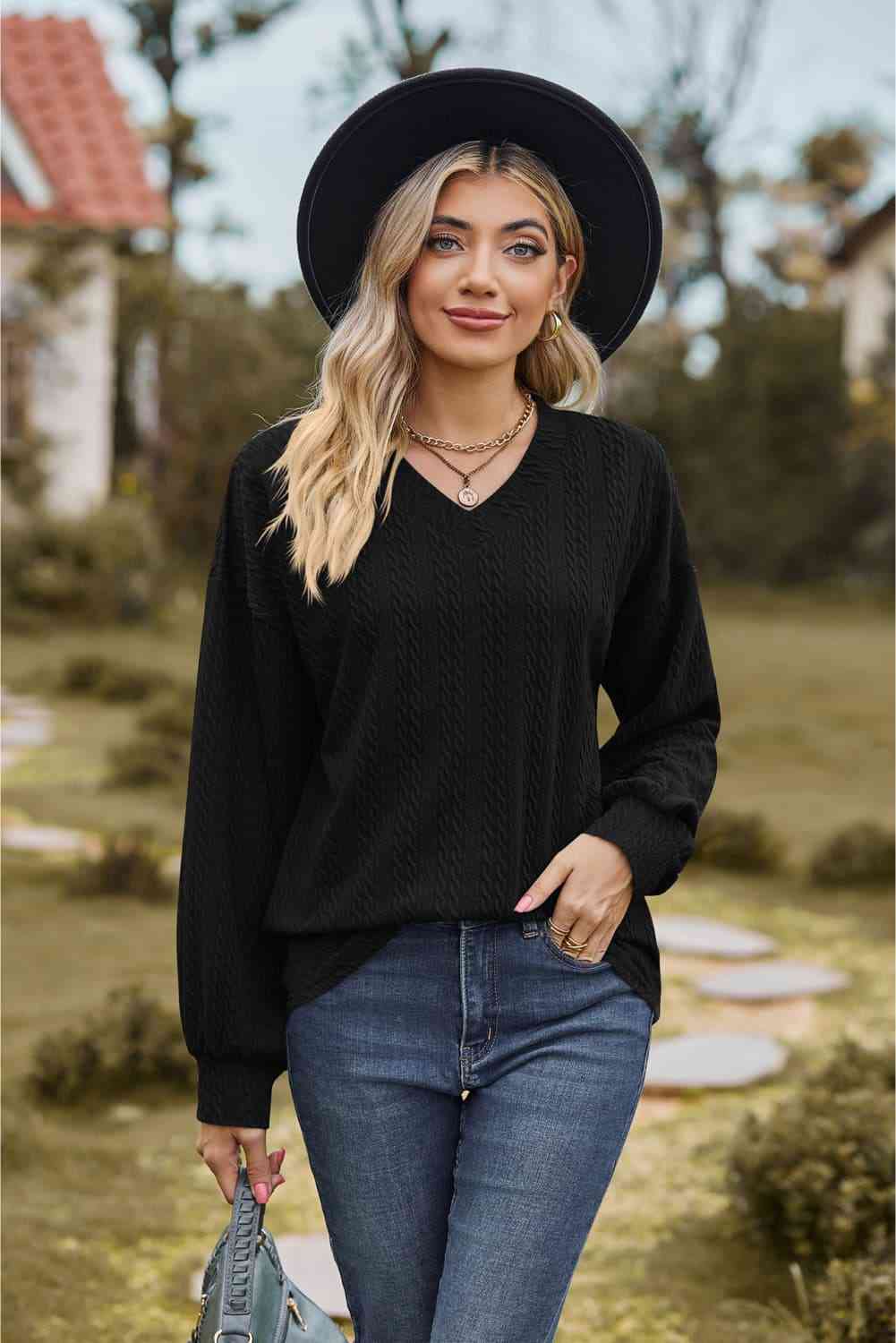 V-Neck Dropped Shoulder Blouse