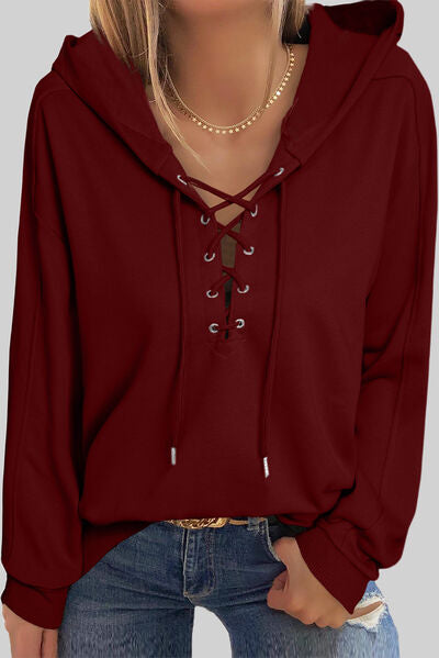 Lace-Up Dropped Shoulder Hoodie