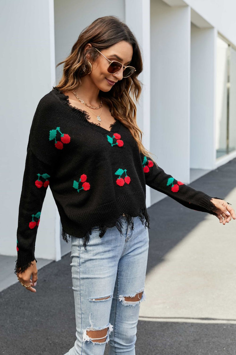 Cherry Pattern Frayed Trim V-Neck Sweater