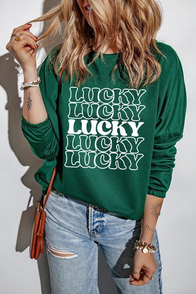 LUCKY Round Neck Dropped Shoulder Sweatshirt