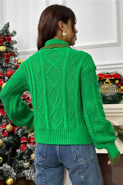 Cable-Knit Ruffled Mock Neck Lantern Sleeve Sweater