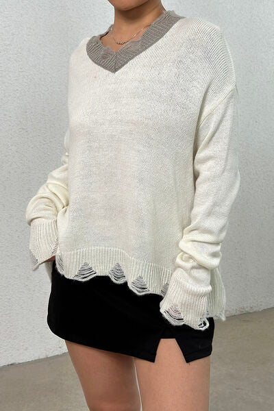 Distressed V-Neck Dropped Shoulder Sweater