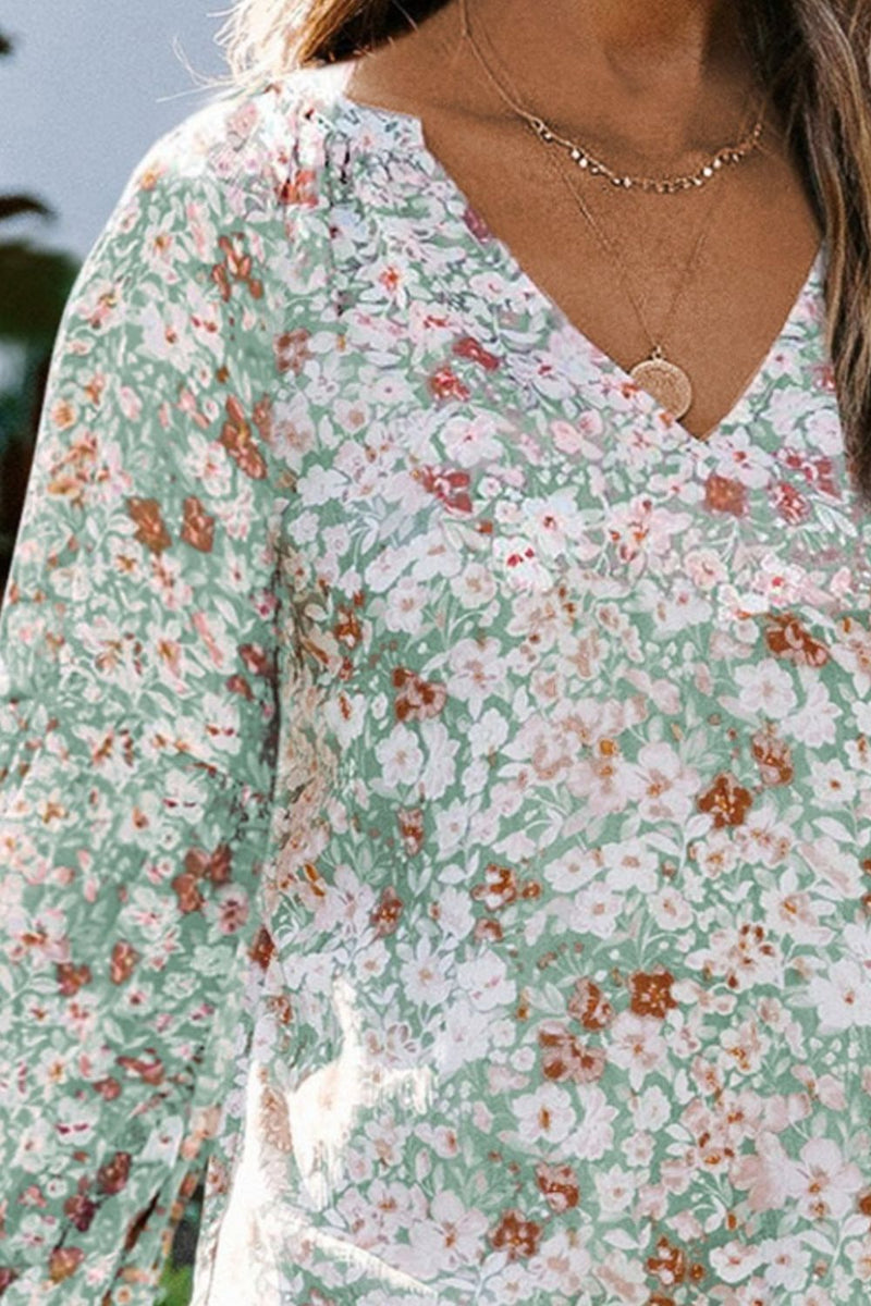 Floral Notched Balloon Sleeve Blouse