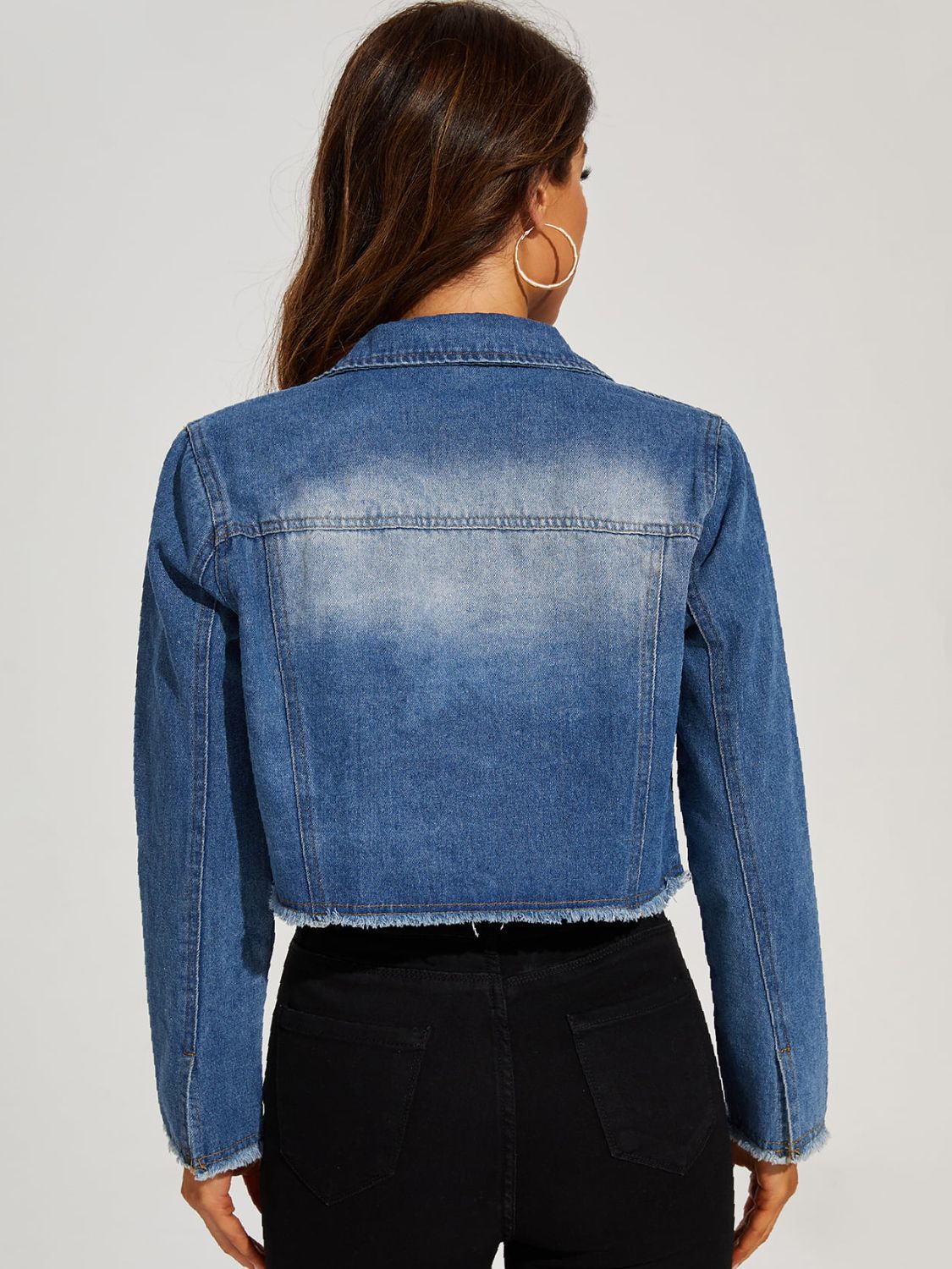 Solid Raw Edge Crop Denim Jacket, SHEIN USA