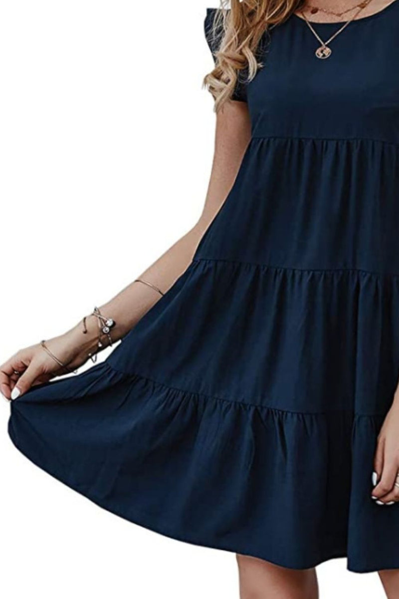 Ruffled Round Neck Cap Sleeve Mini Dress