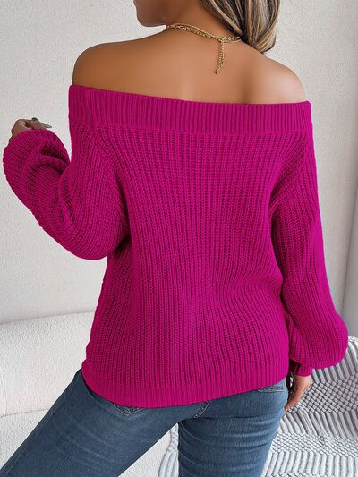 Openwork Off-Shoulder Long Sleeve Sweater