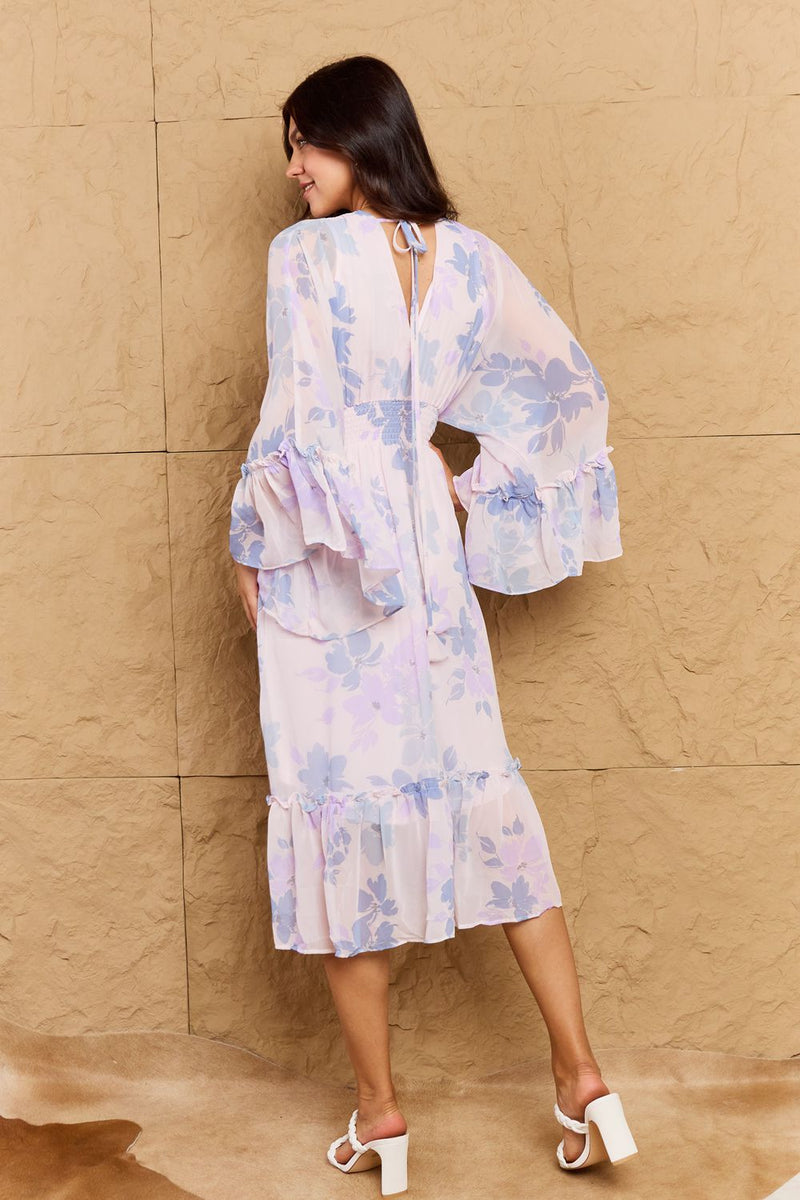 OneTheLand Take Me With You Floral Bell Sleeve Midi Dress in Blue