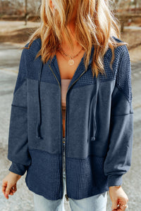 Zip-Up Drawstring Color Block Hooded Jacket