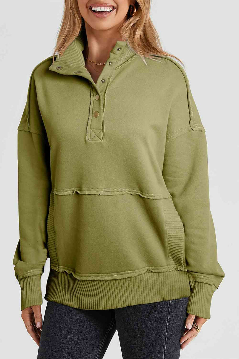 Half Sanp Drop Shoulder Long Sleeve Sweatshirt