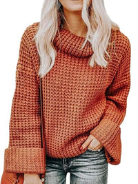 Waffle-Knit Turtleneck Round Neck Sweater