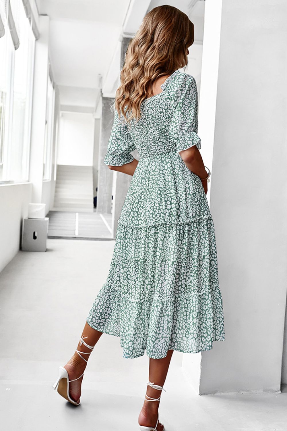 Ditsy Floral Off-Shoulder Smocked Midi Dress – Blue Hawthorn Boutique