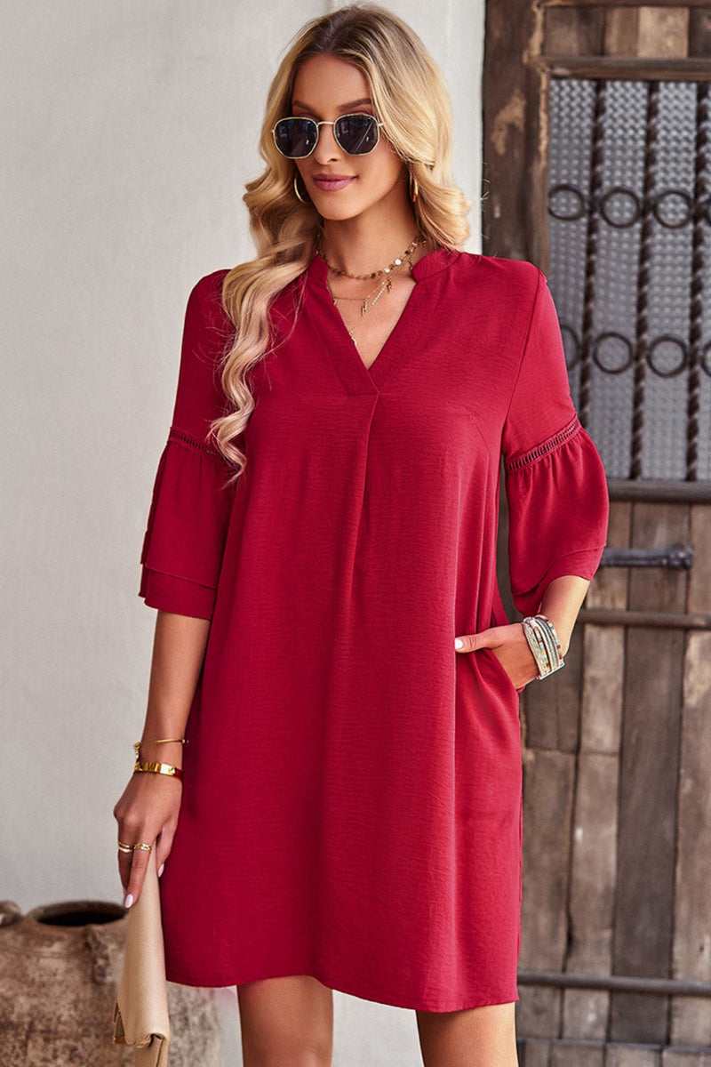 Notched Neck Flare Sleeve Pocket Dress