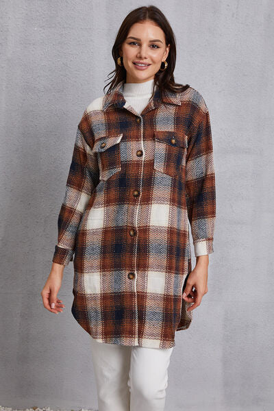 Plaid Button Up Dropped Shoulder Coat with Pockets