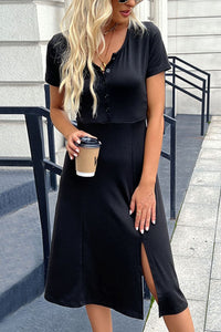 Buttoned Short Sleeve Slit Dress