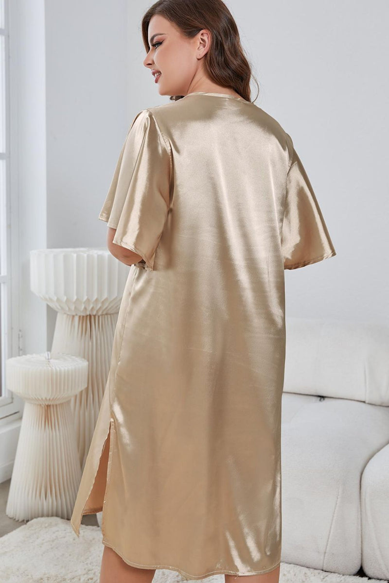 Plus Size Flutter Sleeve V-Neck Side Slit Night Gown