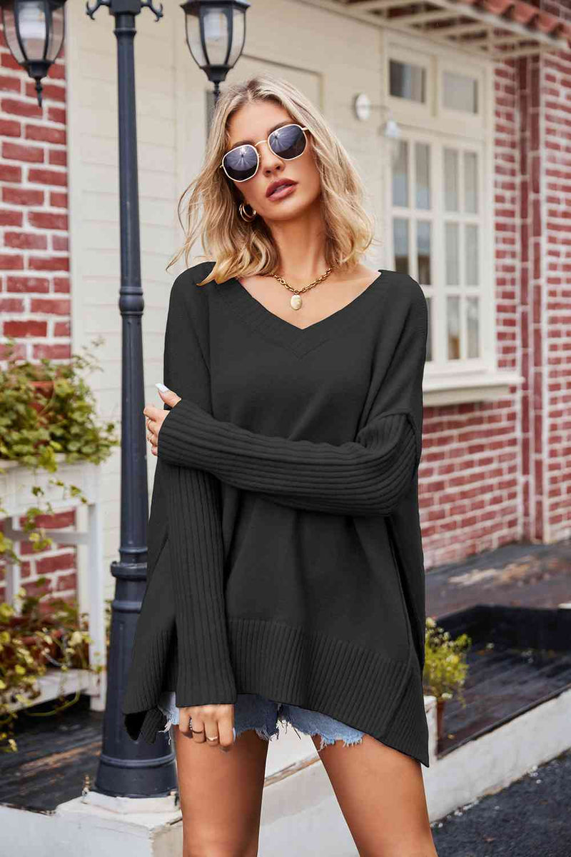 V-Neck Slit Exposed Seam Sweater