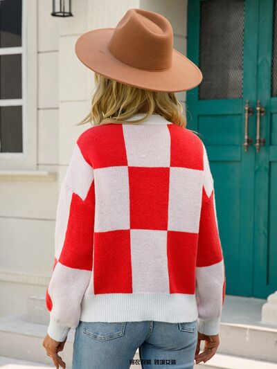 Checkered Round Neck Dropped Shoulder Sweater