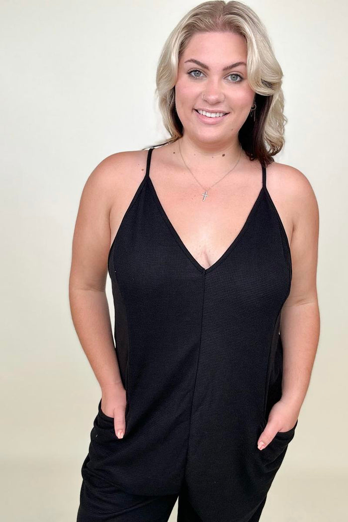 Textured Sleeveless V-Neck Pocketed Jumpsuit