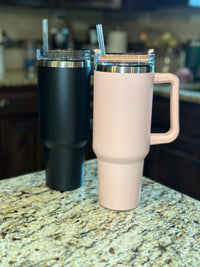 40oz Stainless Steel Tumbler With Handle in Blush and Black