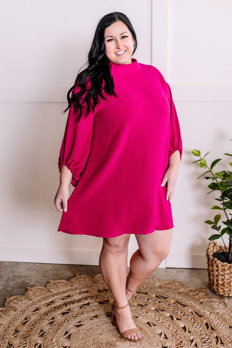 1.17 Mock Neck Long Sleeve Blouse Dress In Deep Magenta