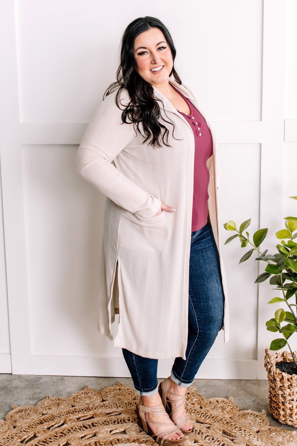 1.29 Open Front Knit Hooded Cardigan With Pockets In Light Taupe