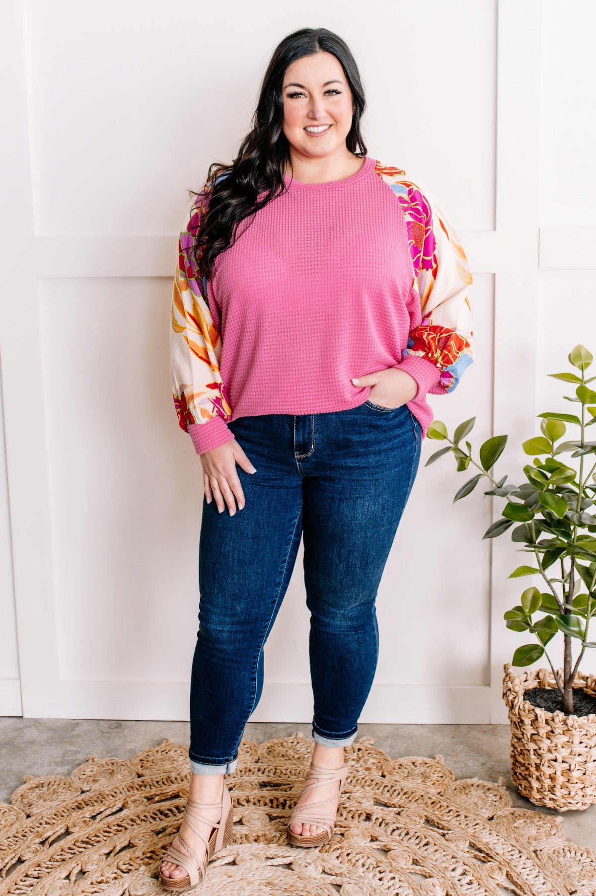 1.31 Waffle Knit Top With Floral Sleeves In Pretty Pink