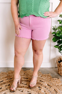 1.24 Mid Rise Frayed Hem Shorts By Judy Blue Jeans In Light Pink