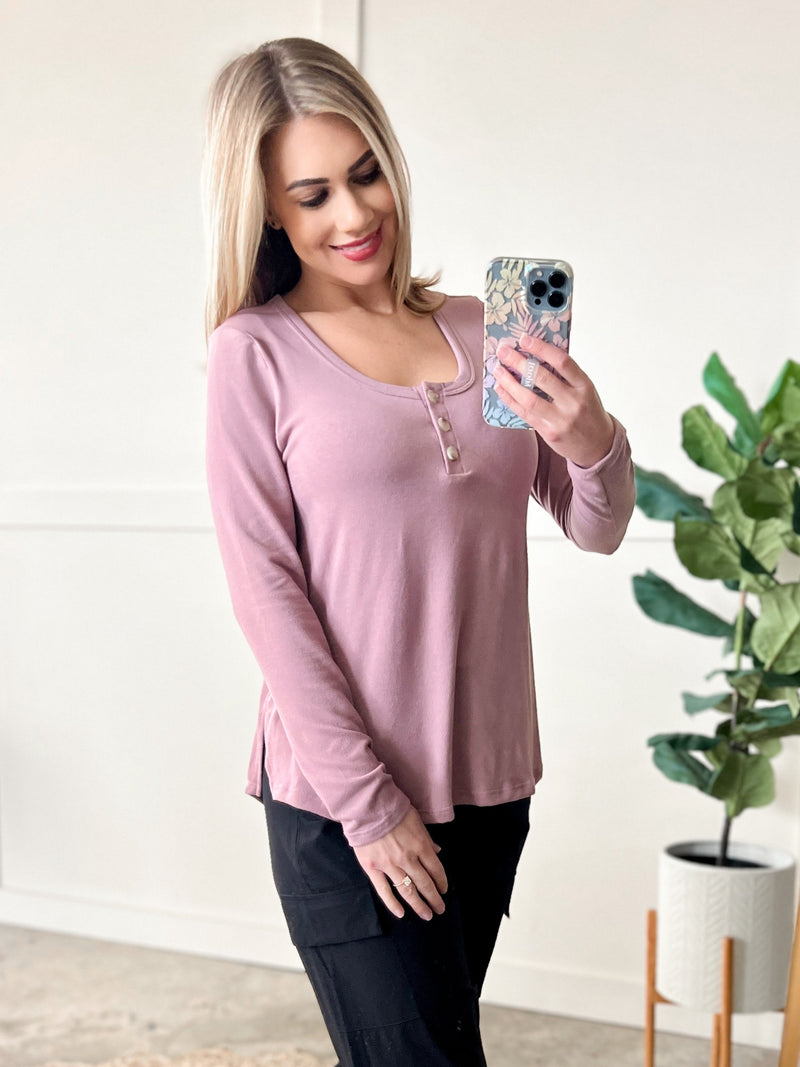 12.8 Button Front Long Sleeve Knit Henley In Lavender