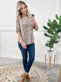 12.15 Gabby Front Top With Button Sleeve Detail In Leopard