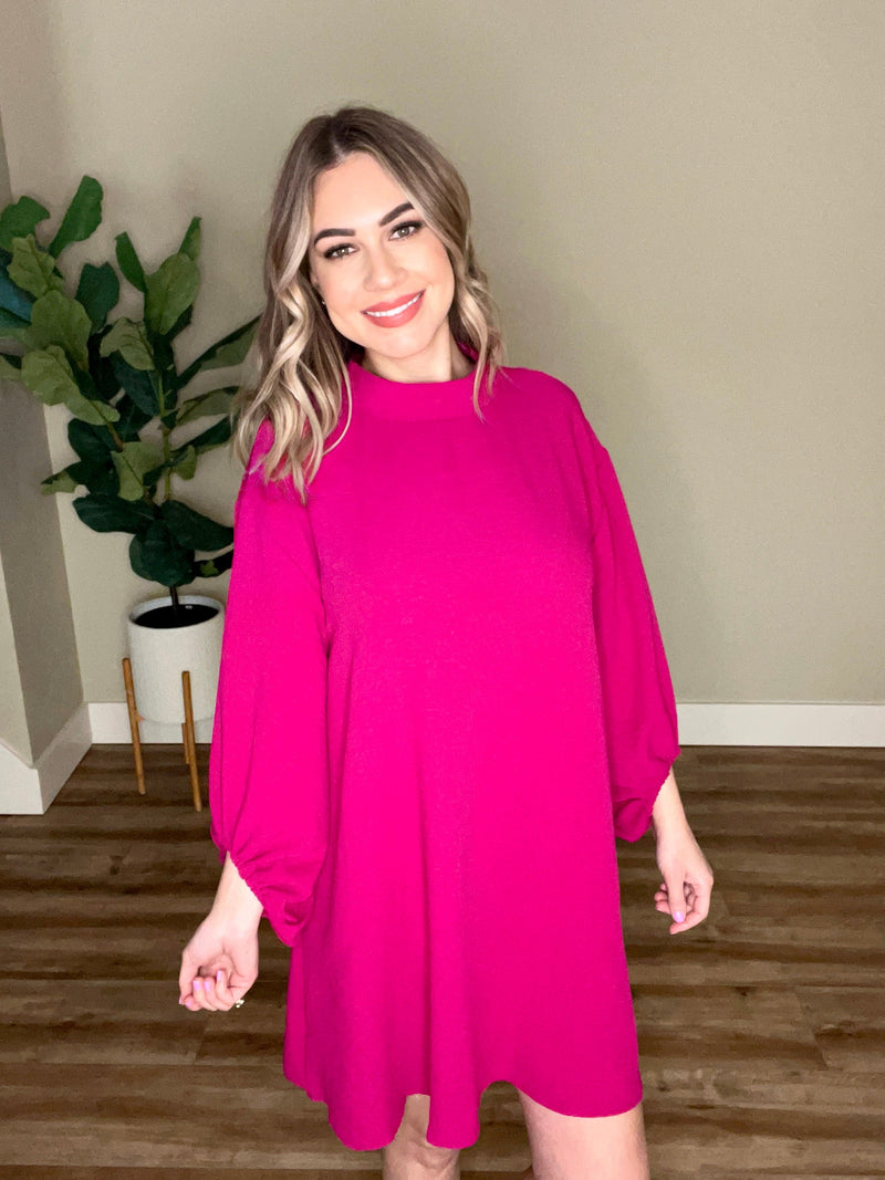 1.17 Mock Neck Long Sleeve Blouse Dress In Deep Magenta