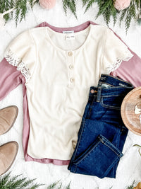 12.8 Button Front Knit Top With Lace Sleeves In Crisp Morning