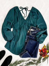 12.20 Elegant Shadow Blouse With Tie Back Detail In Midnight Emerald